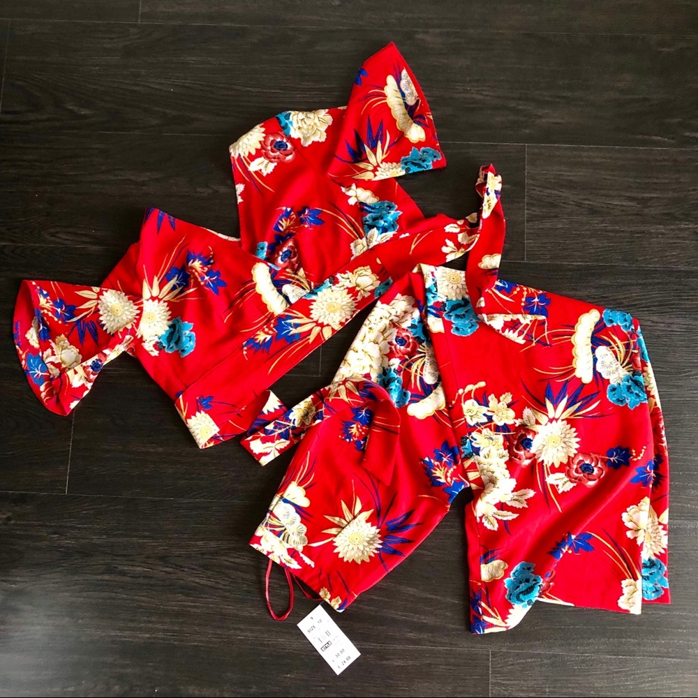 Red Tropical 2 Piece Co-ord Set w/ Wide Leg Pants